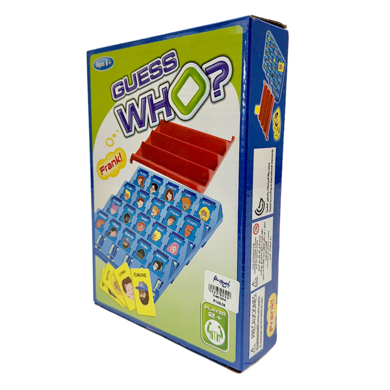 Capsa del joc “Guess Who?” amb el tauler ple de cares i targetes mostrades a la portada.