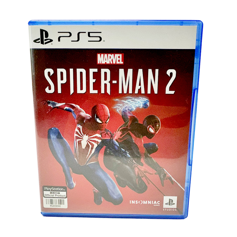 Portada del videojoc PS5 Marvel Spider-Man 2 amb dos Spider-Man en acció sobre fons vermell.