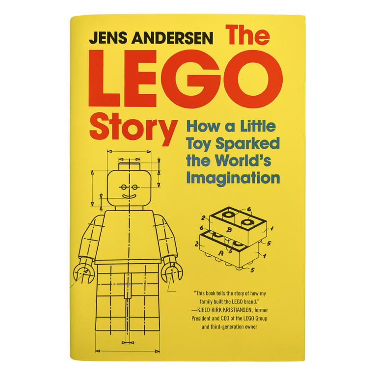 Portada del llibre "The LEGO Story" amb un dibuix tècnic d'una figura i una peça LEGO sobre fons groc.
