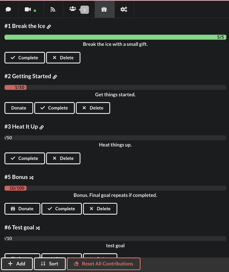Performer can setup custom goals, including independent goals where users can contribute anytime from goals panel.