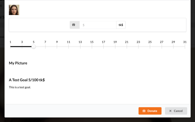 A donation popup shows a customizable slider interface to quickly adjust donation amount.