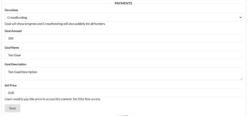 Authors can enable donations for their content, donation goals or crowdfunding. A donation goal will show progress and crowdfunding will list also list all funders and their contribution percents.