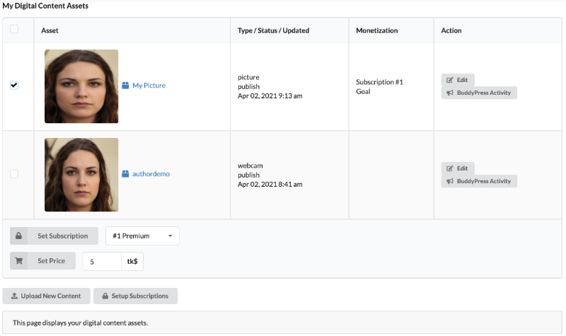 Authors can manage monetization for their assets including required subscription tier, price per item, donation options.